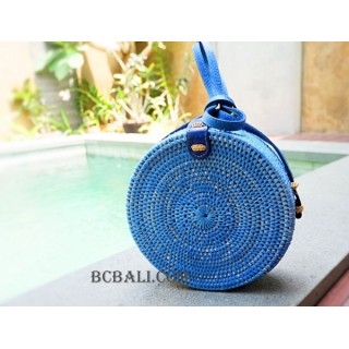 straw synthetic rattan circle bag blue color